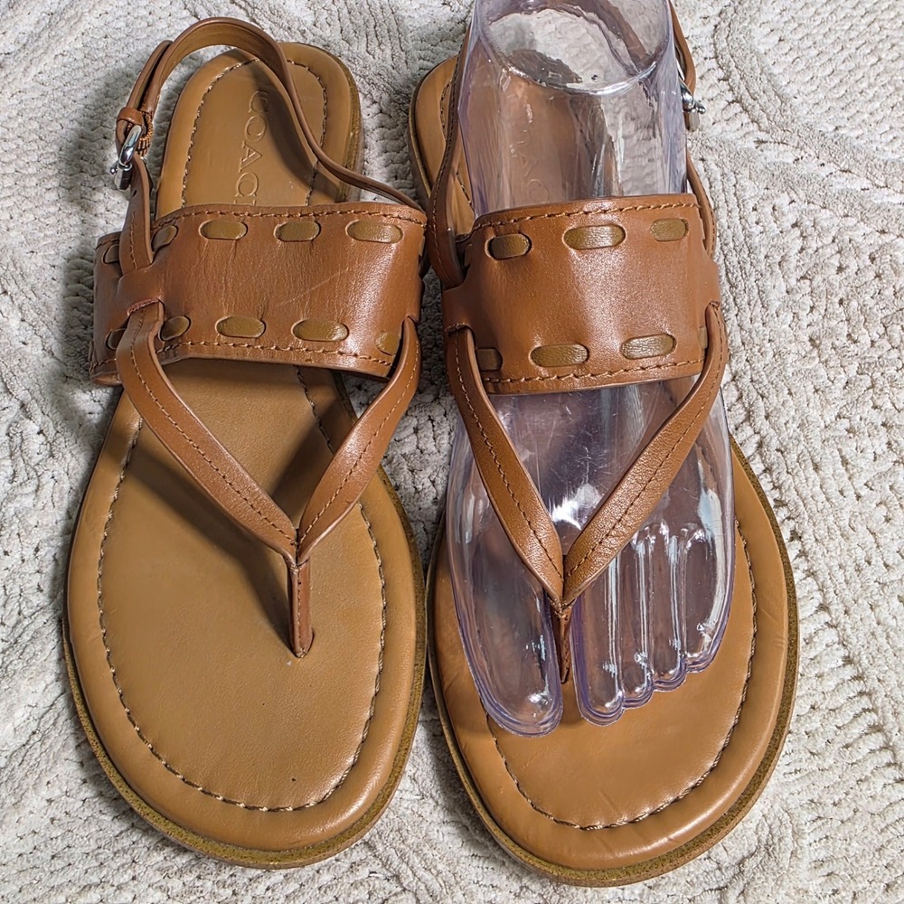 Coach Thong Flats Sandals Brown Leather Whipstitch Womens 8.5